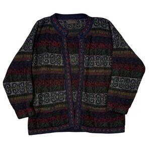 Vintage Geometric Knit Cardigan Grandpa Core Navy Burgundy L XL